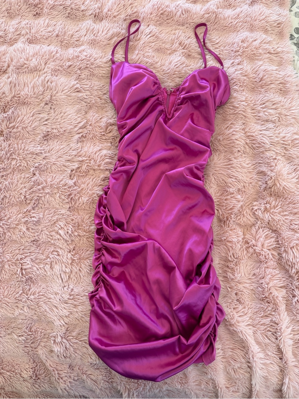 Fashion Nova Fuchsia Satin Ruched Midi Dress